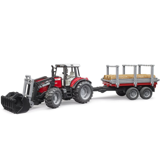 Bruder Massey Ferguson 7480 mit Frontlader, Anhänger & Baumstämmen