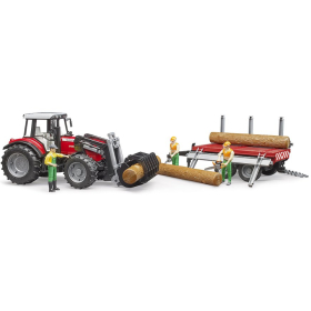 Bruder Massey Ferguson 7480 mit Frontlader, Anhänger & Baumstämmen