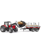 Bruder Massey Ferguson 7480 mit Frontlader, Anhänger & Baumstämmen