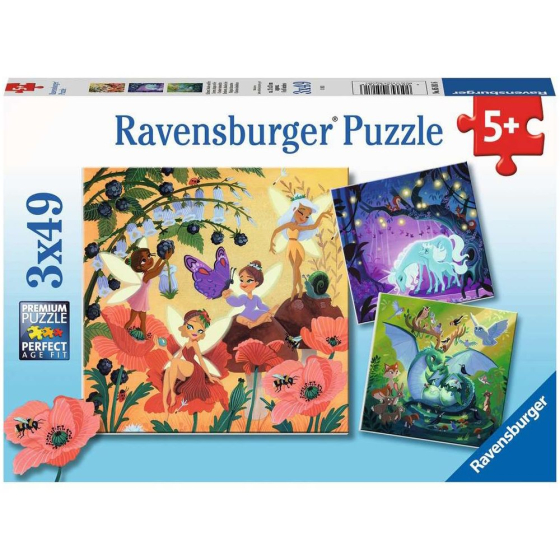 Puzzle Einhorn, Drache und Fee, 3 x 49 Teile